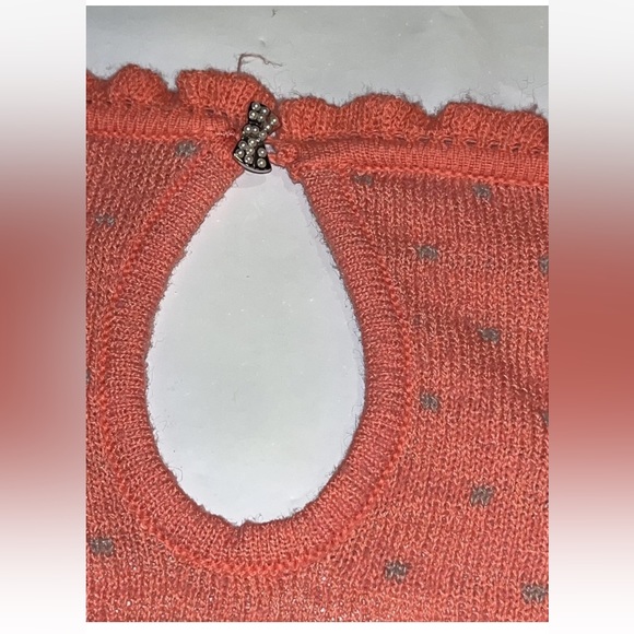 Free People PEACH WOOL Sweater Puff Sleeves Scoop Fringe Neck Gray Dots Keyhole - Picture 10 of 12